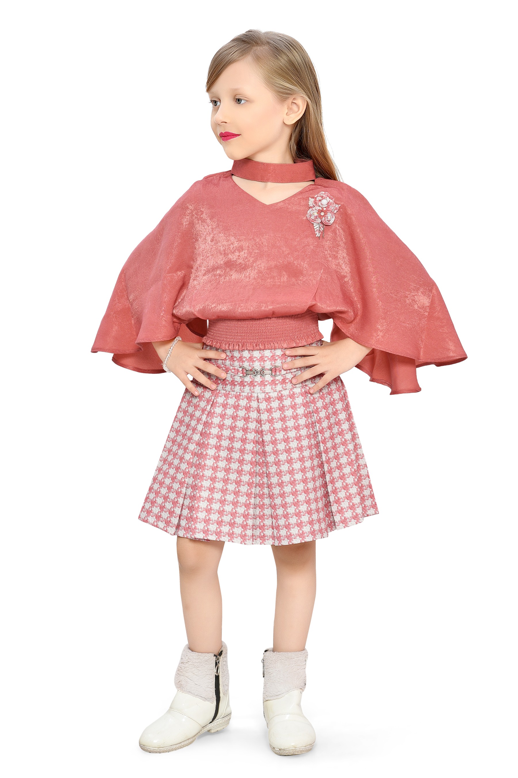Be:kids Rust Autumn Charm Girls' Ensemble: Velvet Poncho Top and Houndstooth Pleated Skirt view 2