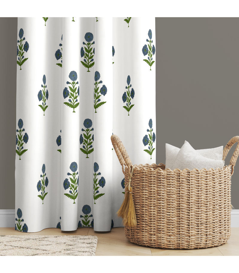 Jaipuri Aachho Block Print Curtains Blue Floral Elegance in Cotton( 5 Feet ) view 2