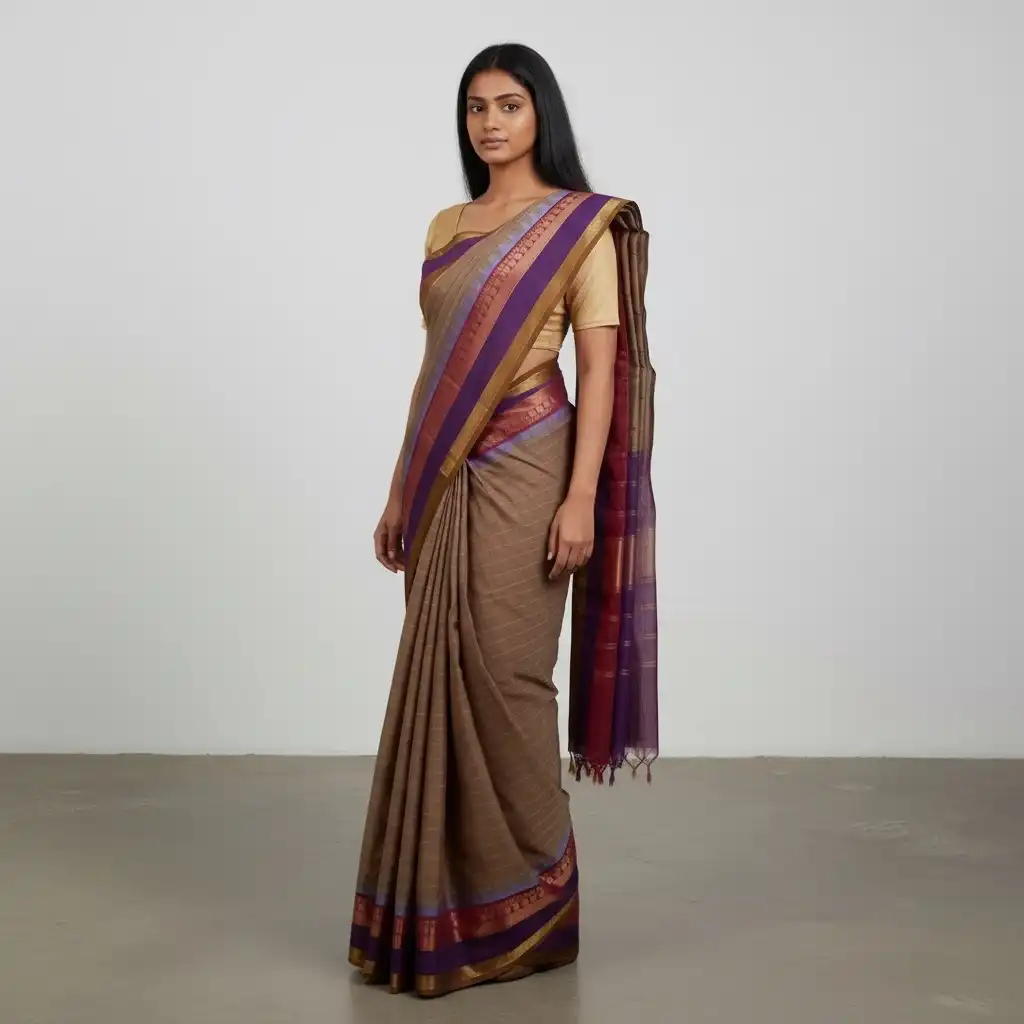 Handwoven Kanchipuram Cotton Saree in Light Khaki with Zari Border view 2