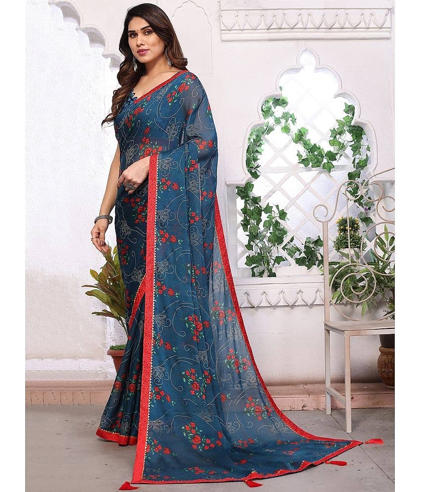 BLEESBURY Chiffon Printed Saree With Unstitched Blouse Piece ( Teal ) view 2