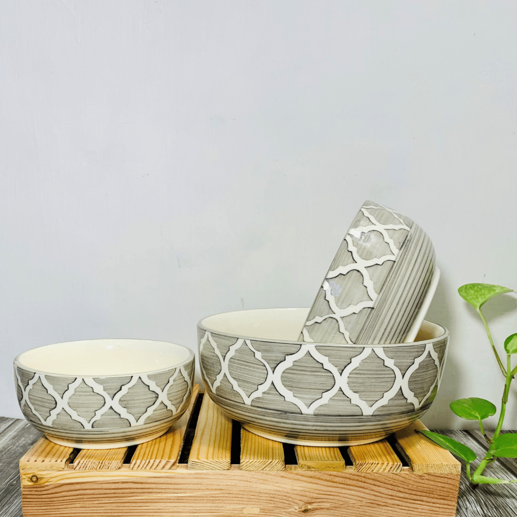 Homefrills Studio Pottery Hand-Painted Ceramic Serving & Mixing Bowls / Katoris for Snacks, Rice, Dal, Vegetables, Fruits, Salad, Noodles & Pasta Microwave Dishwasher Safe/BPA & Lead Free -Set of 3 Color -Grey view 2
