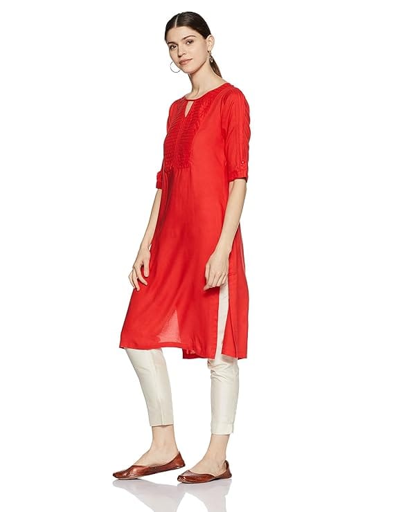 Red Rayon Embroidered A-Line Kurta with Round Neck and 3/4th Sleeves view 2