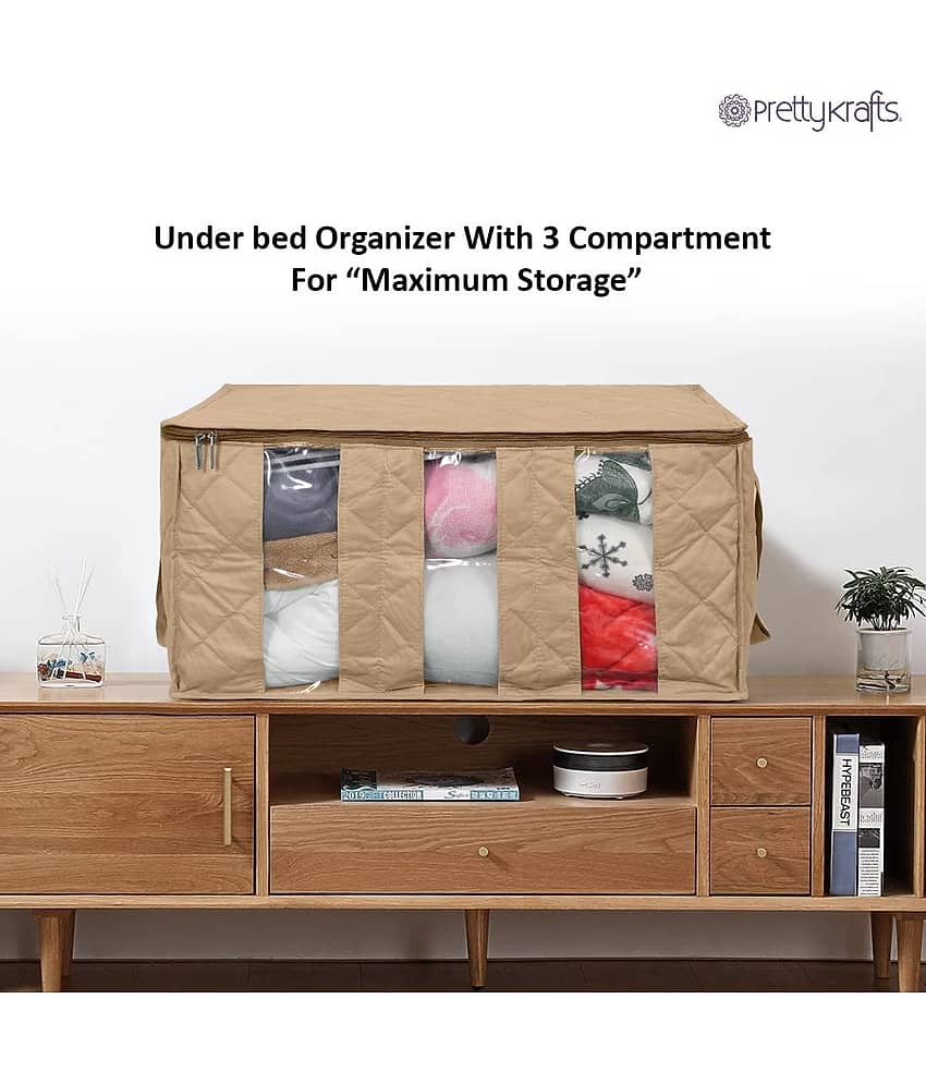 PrettyKrafts underbed storage box, clothing organizer with 3 partitions , Beige view 2