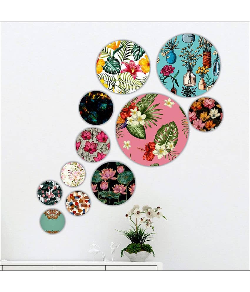 Saf MDF Wooden Round Shape Floral Painting Plates Without Frame (Set of 11) view 2