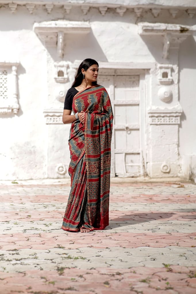 Jharokha -Blue and Red geometric silk cotton Ajrakh handblockprinted saree view 2