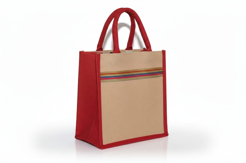 Stylish Red & Beige Jute Tote Bag with Striped Accents view 2