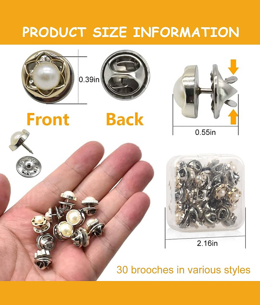 30 Pcs Pearl Brooch Buttons Set for Women | Black & White No-Sew Shirt Brooch Pins | Decorative Pearl Button Brooch for Shirts, Blouses, Sweaters, Cardigans & Hijab | Anti-Exposure Removable Fashion Clothing Accessories view 2