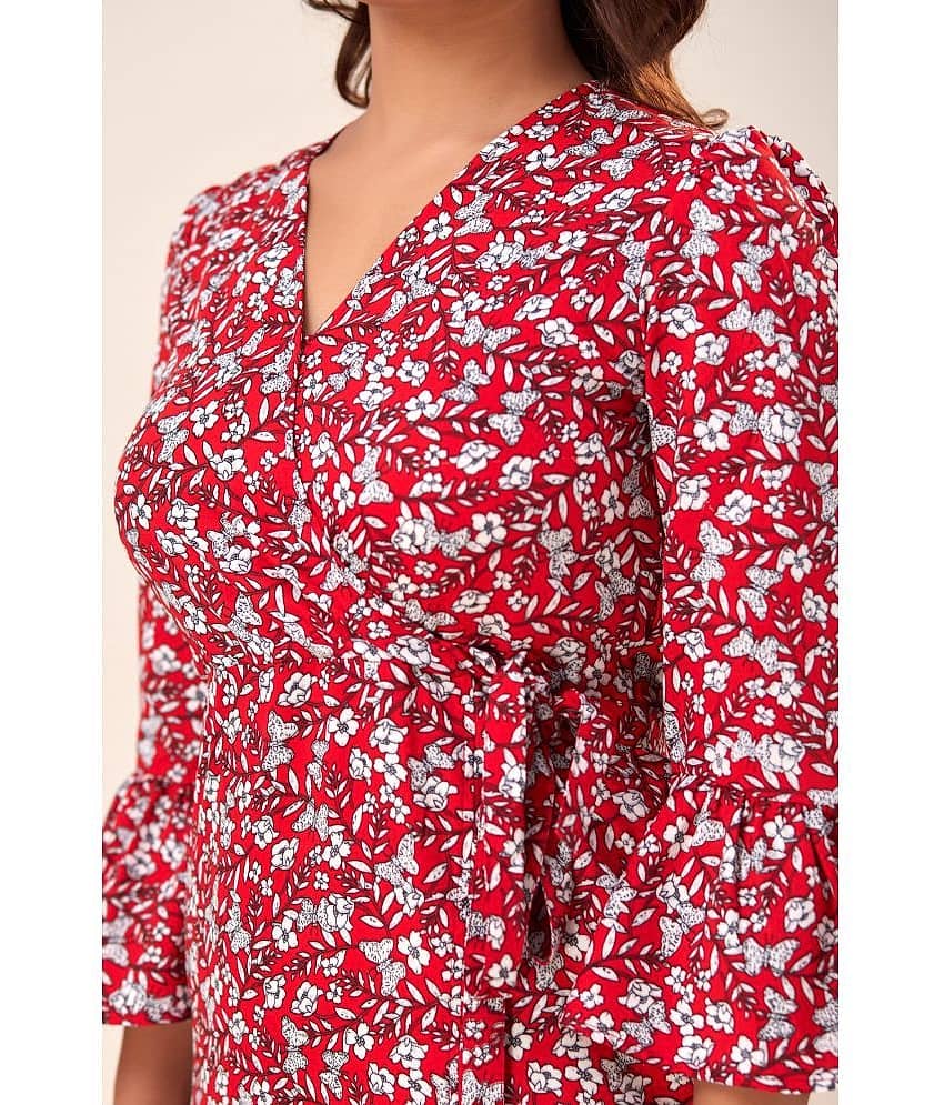 NeshamaKurti Women Crepe Printed Wrap Dress ( Red ) view 2