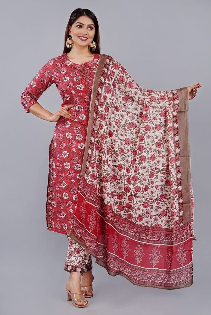 MANMAYEE Women's Cotton Straight Cut Kurti With Pant & Dupatta | Straight Kurti | Pink view 2