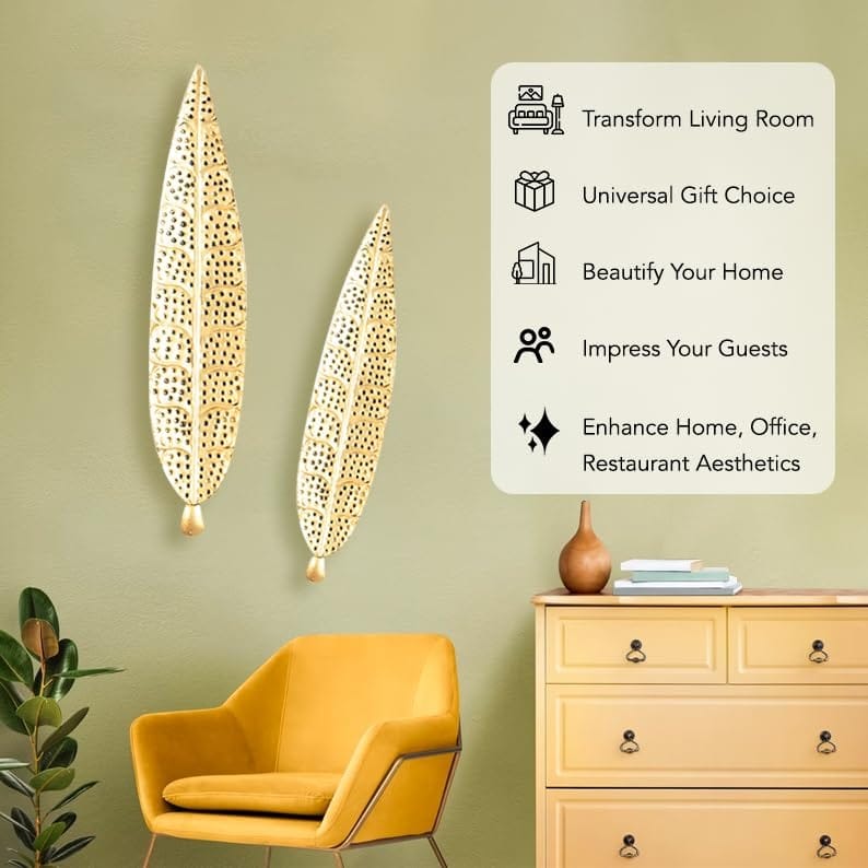 Shree Vishwakarma Handicrafts - Metal Wall Art Sculpture - Handpainted Urban Leaves | Indoor Use Only | Large | Gold view 2
