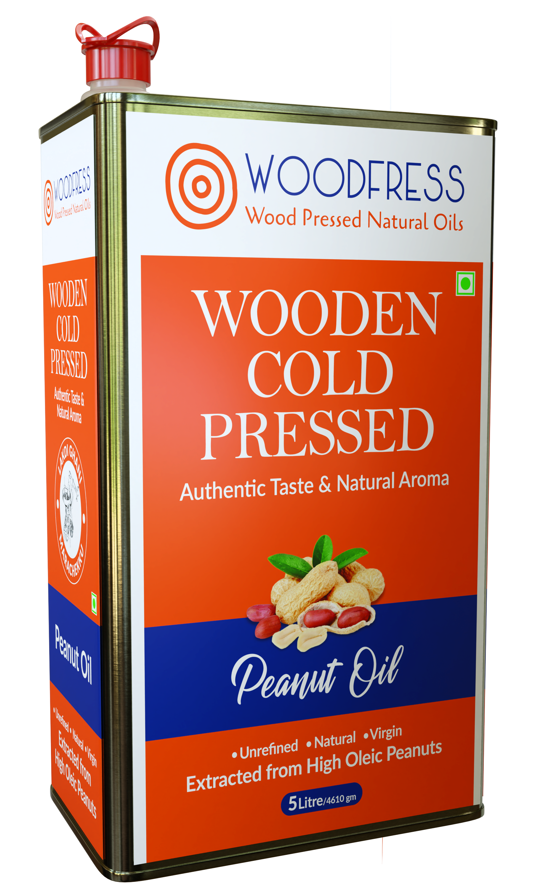 WOODFRESS Pure Wood Pressed Groundnut Oil 5 Litre, Cold Pressed Groundnut Oil, Lakdi Ghani Peanut Oil, Metal Tin 5L