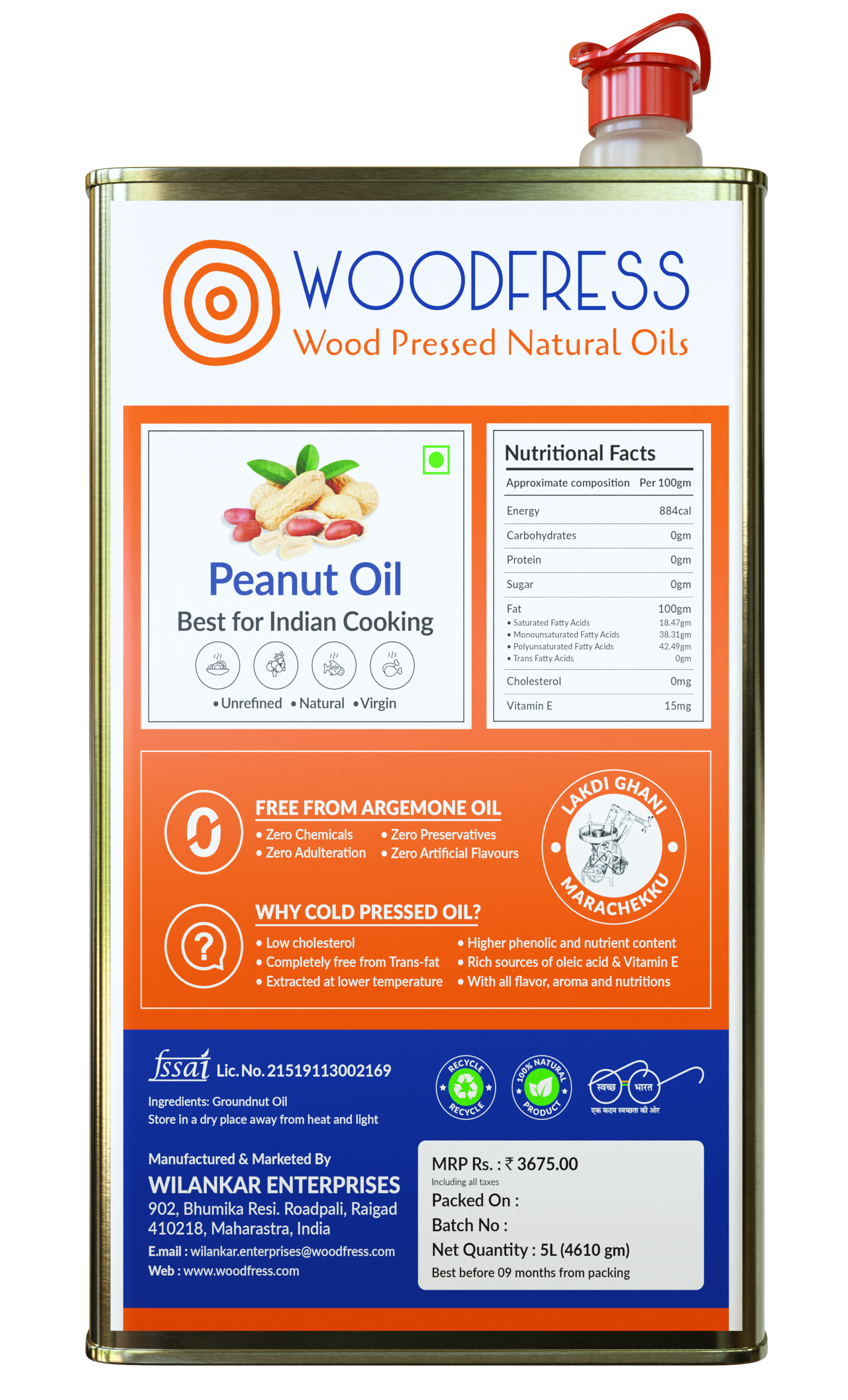 WOODFRESS Pure Wood Pressed Groundnut Oil 5 Litre, Cold Pressed Groundnut Oil, Lakdi Ghani Peanut Oil, Metal Tin 5L view 2
