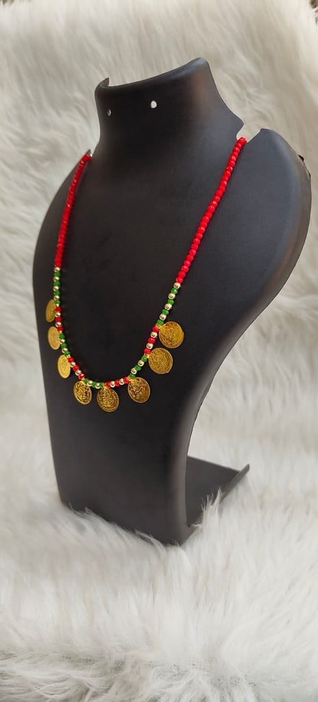 Red and Green Beaded Necklace with Gold Coin Pendants view 2