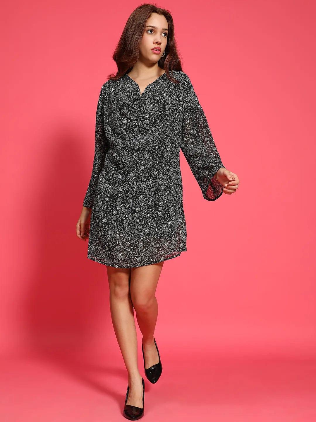 Astonishing Black Floral Print Long Sleeve Cowl Neck Women Dress view 2