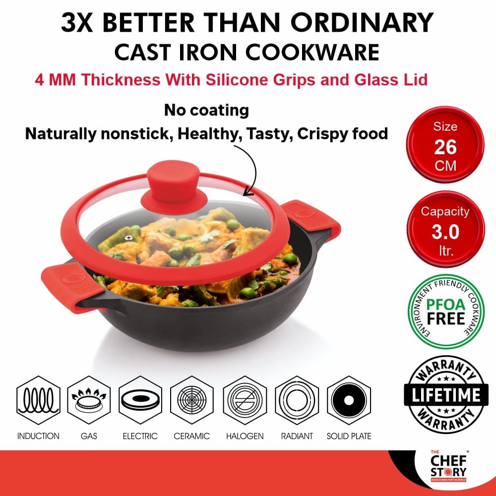 The Chef Story Throwback Series Deep Kadai With Glass Lid 26cm view 2