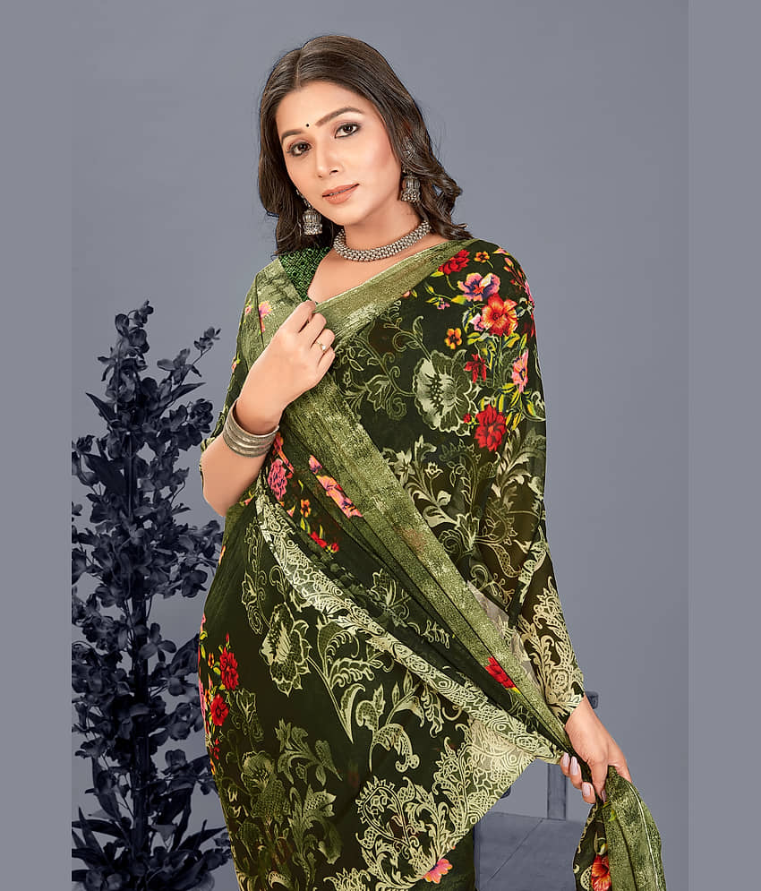 ANAND SAREES Georgette Printed Saree With Unstitched Blouse Piece ( Green ) view 2