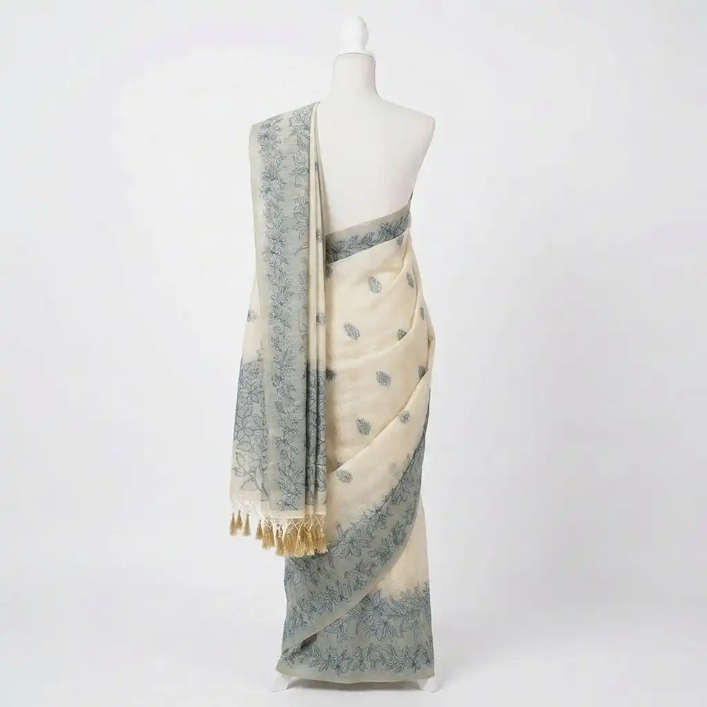 Sambalpuri Floral Print Teal Odisha Tussar Cotton Saree view 2