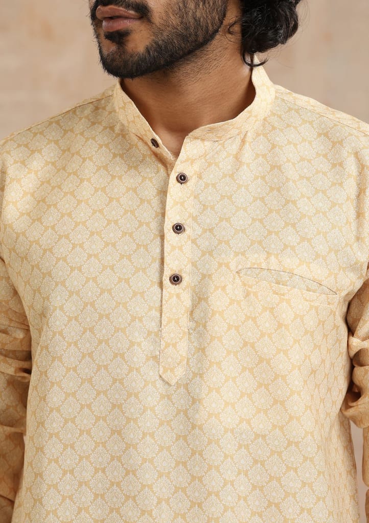 Poly Cotton Printed Men's Short Kurta - Mustard view 2