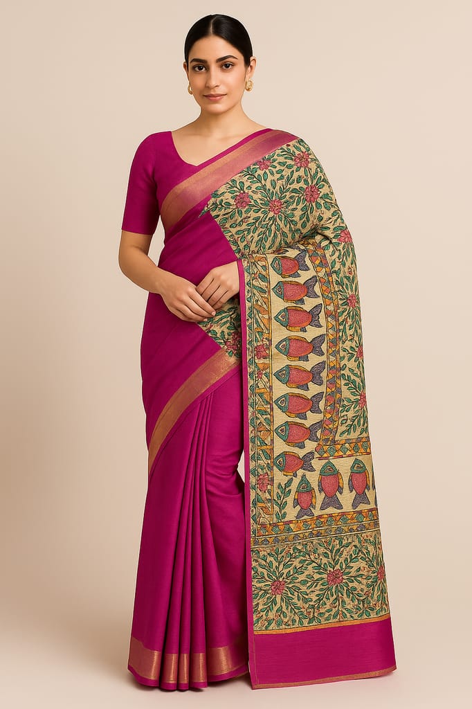 Fuchsia Pink Tussar Silk Saree with Handpainted Kalamkari Pallu