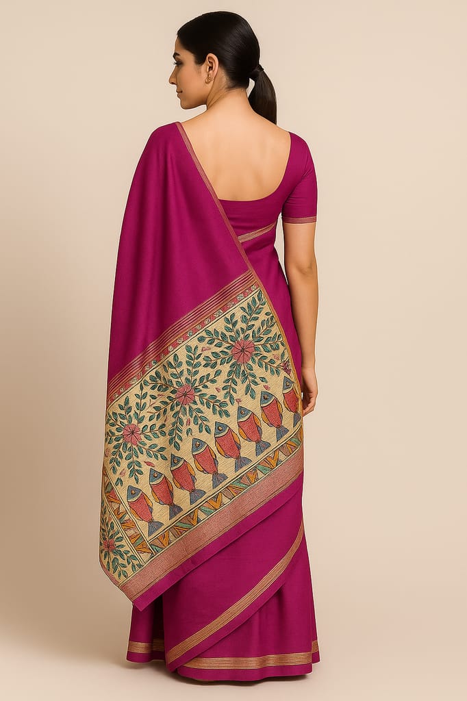 Fuchsia Pink Tussar Silk Saree with Handpainted Kalamkari Pallu view 2