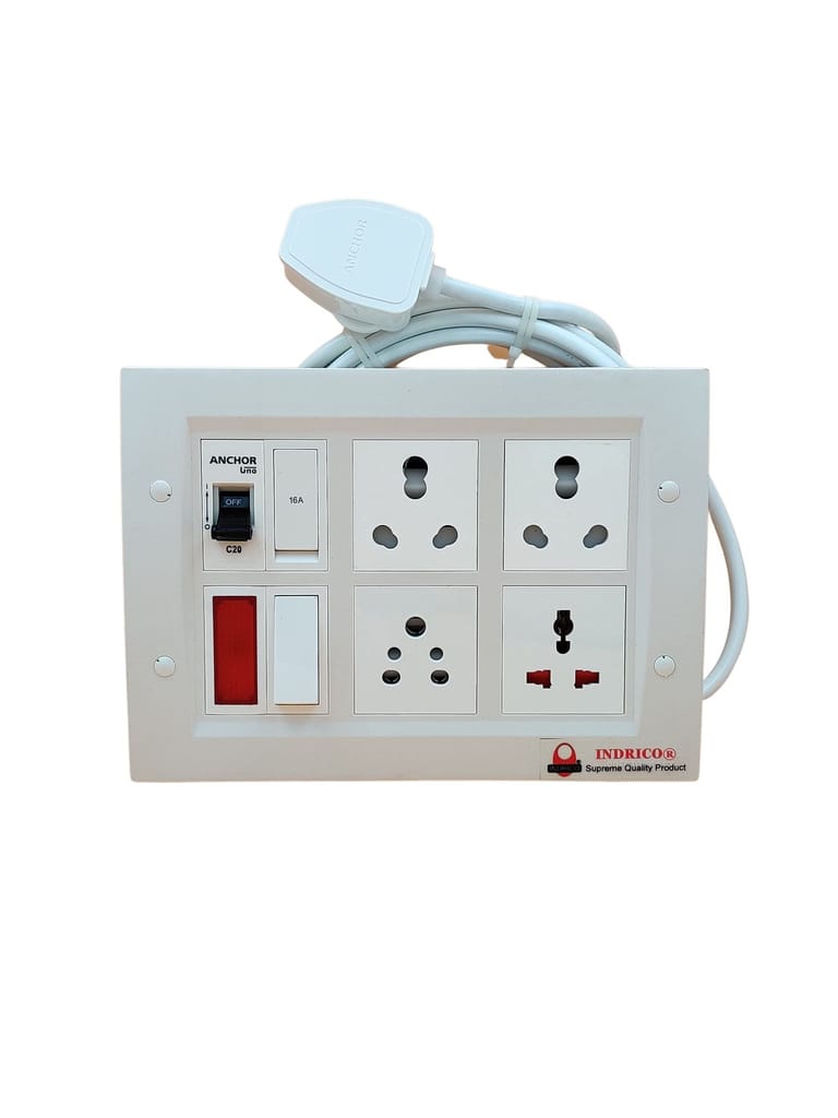 INDRICO 16amps Multi Socket Extension AC Switch Board 15amp with MCB 20A 15A 6A Multi Outlet Box Plug with Copper Cord Heavy Duty Wall Mounted White Pack of 1 view 2
