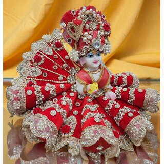 Premium Red Laddu Gopal Poshak with Turban l Heavy Embroidered Thakurji Dress in cone design view 2