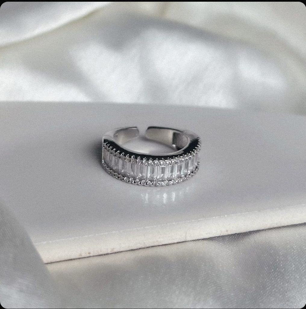 Luxurious Adjustable Silver Band Ring with Baguette and Round CZ Stones view 2
