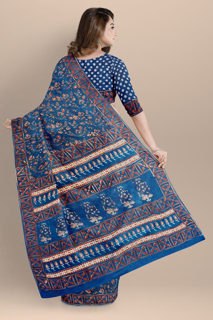 Nandana Indigo Dabu Malmal Cotton Saree With Floral Motifs SKU-BS10169 view 2