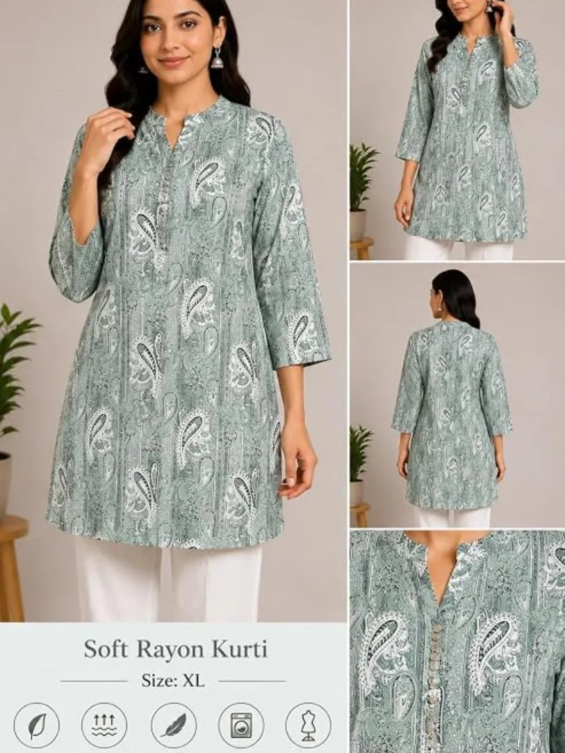 UneR Women's Rayon Paisley Printed Straight Kurti | Mandarin Collar | 3/4 Sleeves | Casual & Ethnic Wear | XL view 2