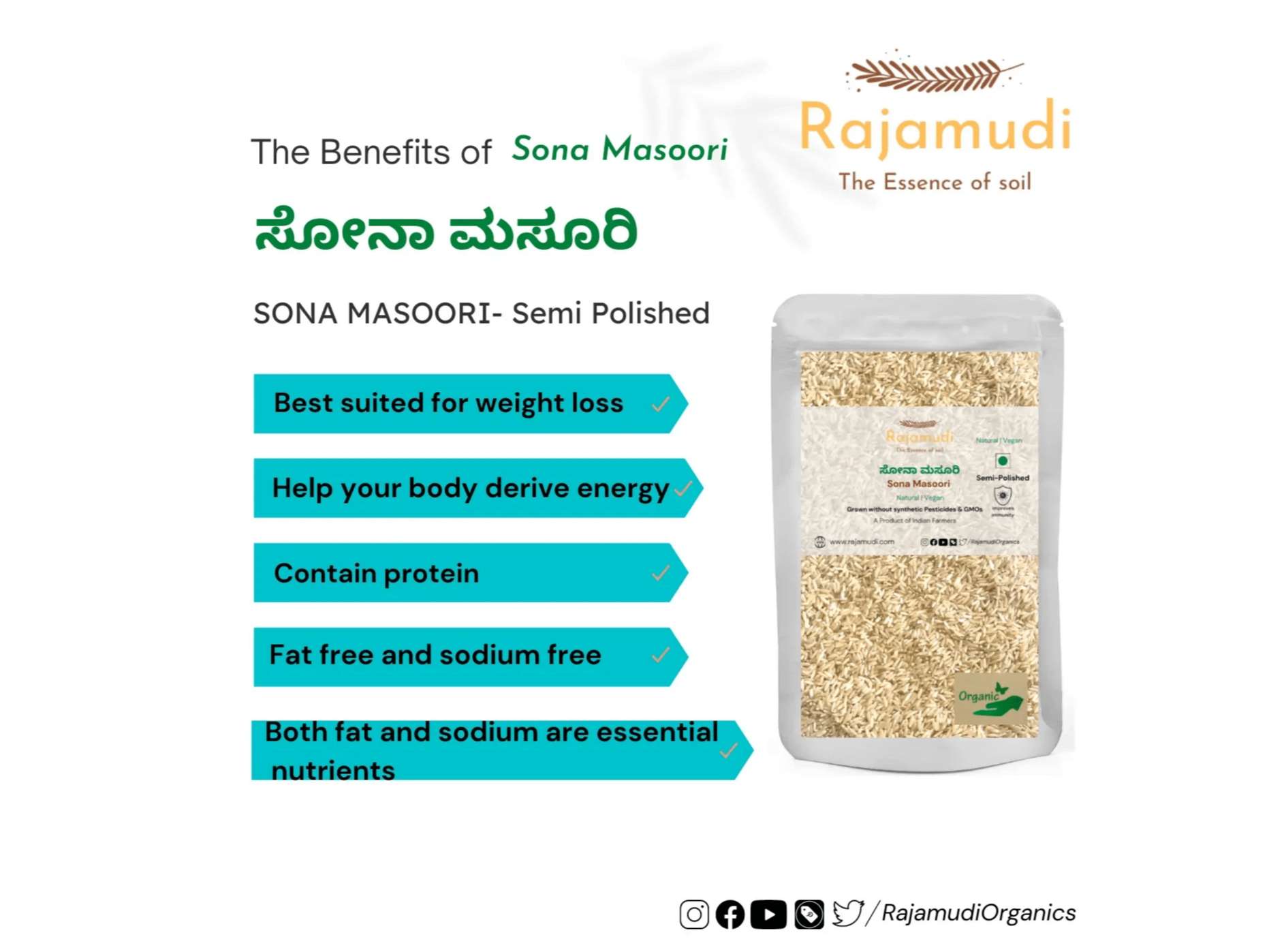 Rajamudi Organics Organic Sona Masoori Rice Semi Polished - 10 Kilogram view 2
