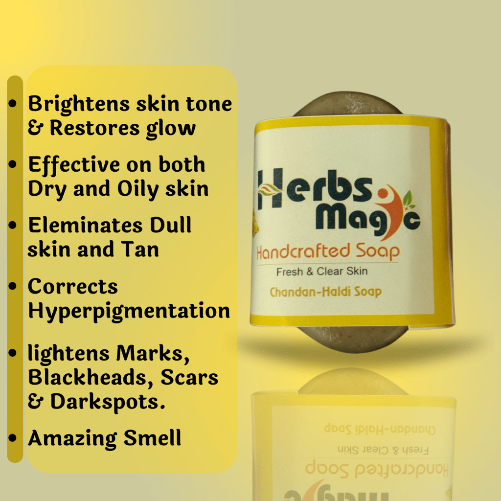 Herbs Magic Ayurvedic Haldi-Chandan soap with pleasent fragrance of Haldi-Chandan | Handkrafted| Organic | Luxurious | cold pressed oil | Handmade | Refreshing | Antioxidants| Antiaging | Ayurvedic | SLS and Paraben free view 2