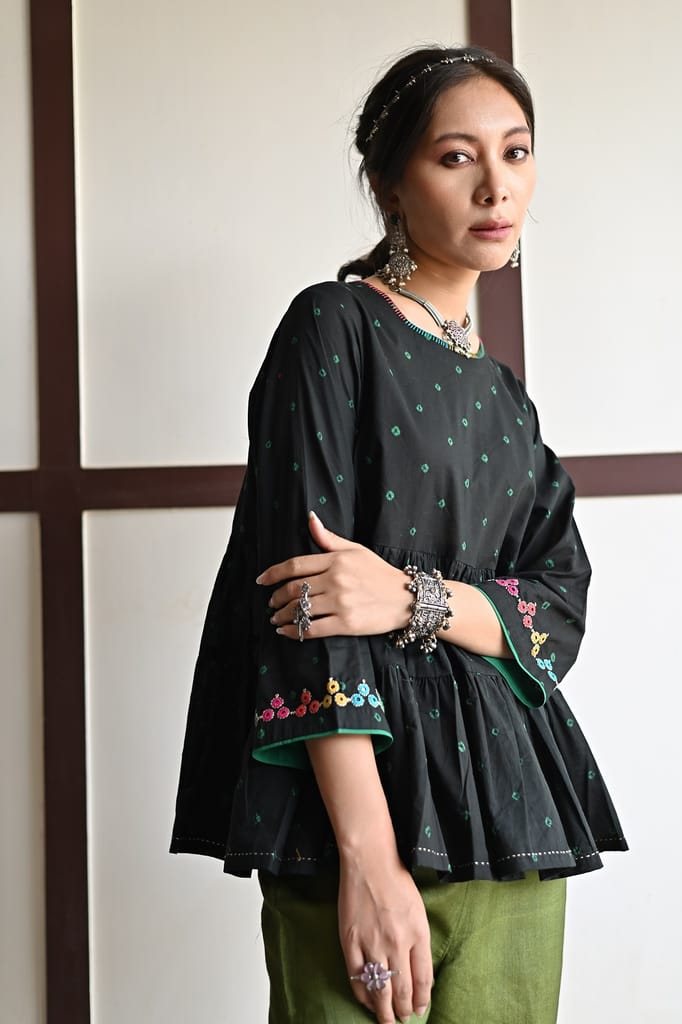Kaanch Three-Quarter Sleeve Bandhej And Embroidered Black Top view 2