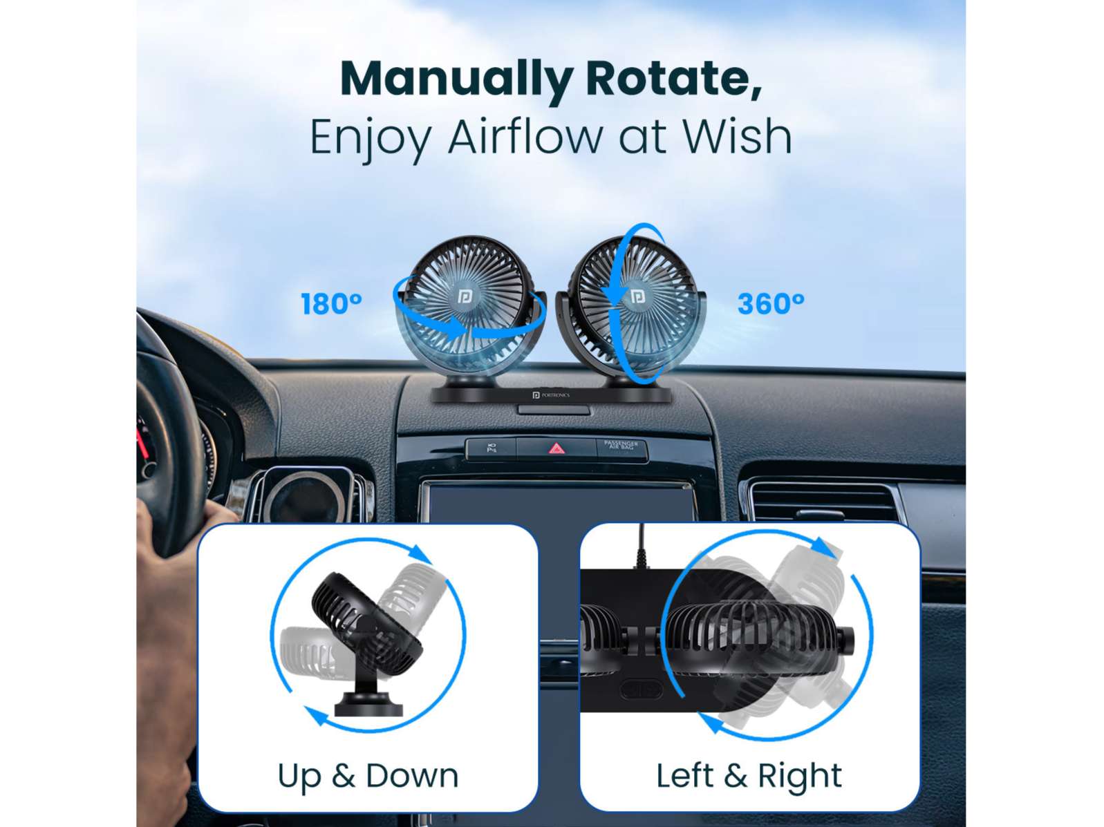 Portronics Twin Cool, Brushless Motor, Rotatable Heads, 3 Speed Mode, USB Powered Fan - Black view 2