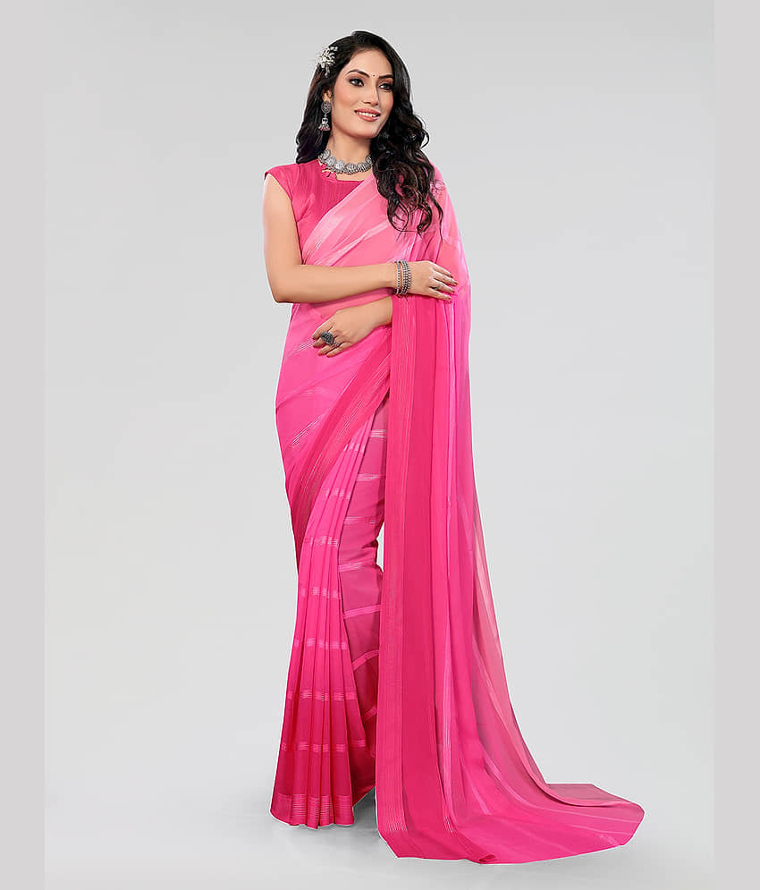 ANAND SAREES Georgette Striped Saree With Unstitched Blouse Piece ( Pink )
