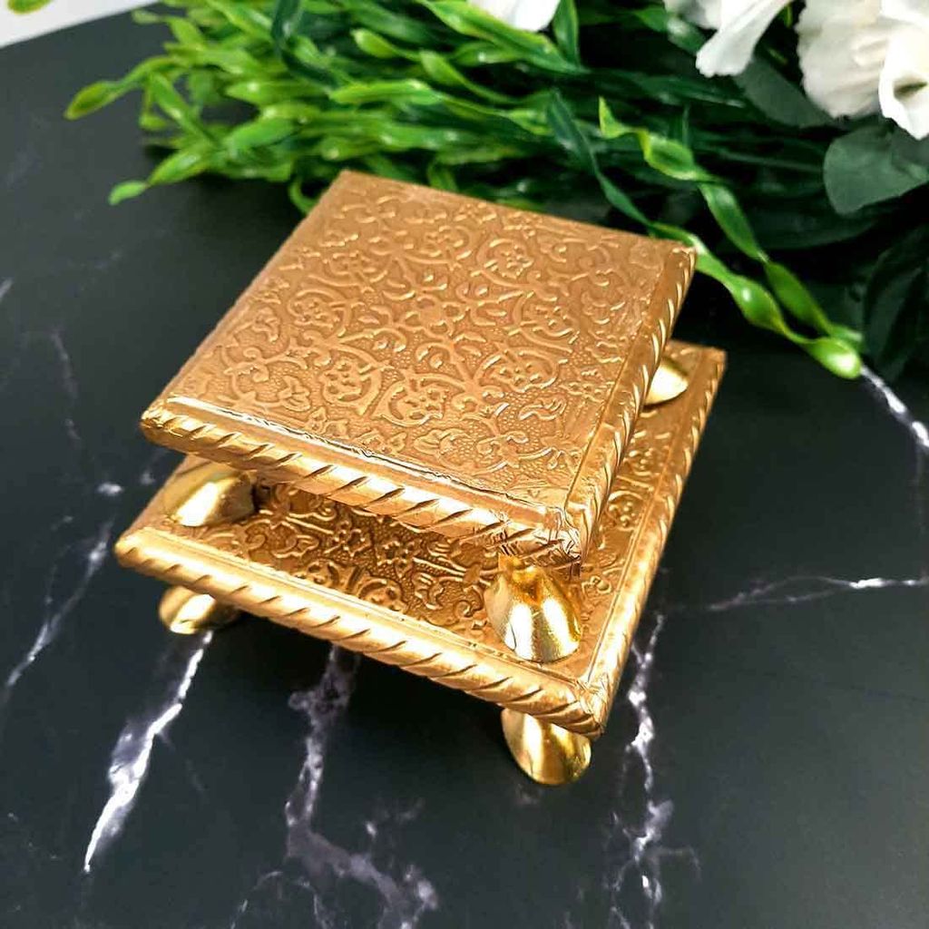 Shri Vankal Maa Art - Brass Chowki for Pooja| Decorative Bajot| Pooja Stool Set of 2 - (4 Inch & 5 Inch | Golden) for Pooja & Home décor view 2