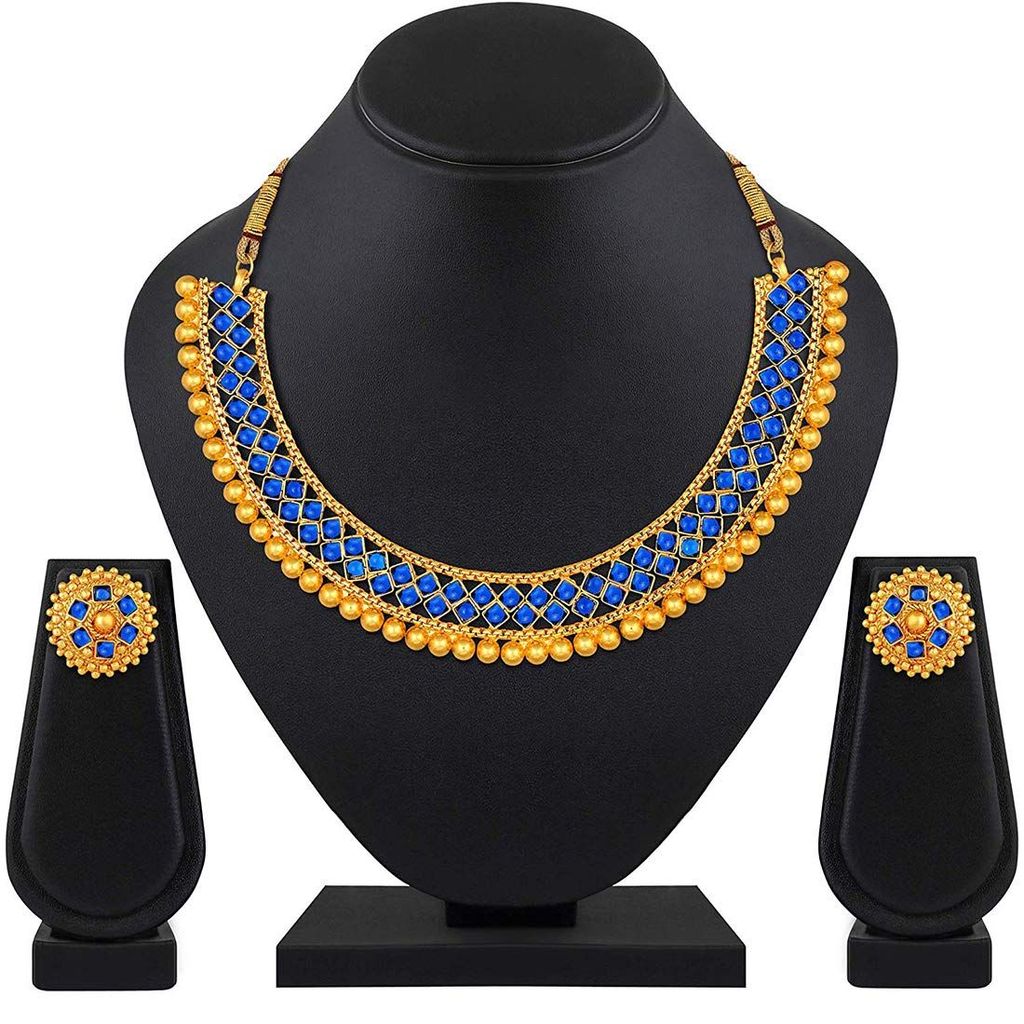 Pujvi Fashions Blue metalic Choker Necklace set view 2