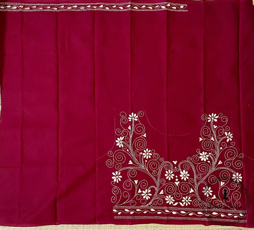 Red Bengal Kantha Hand Embroidered Blouse Piece for Sarees (Copy) view 2