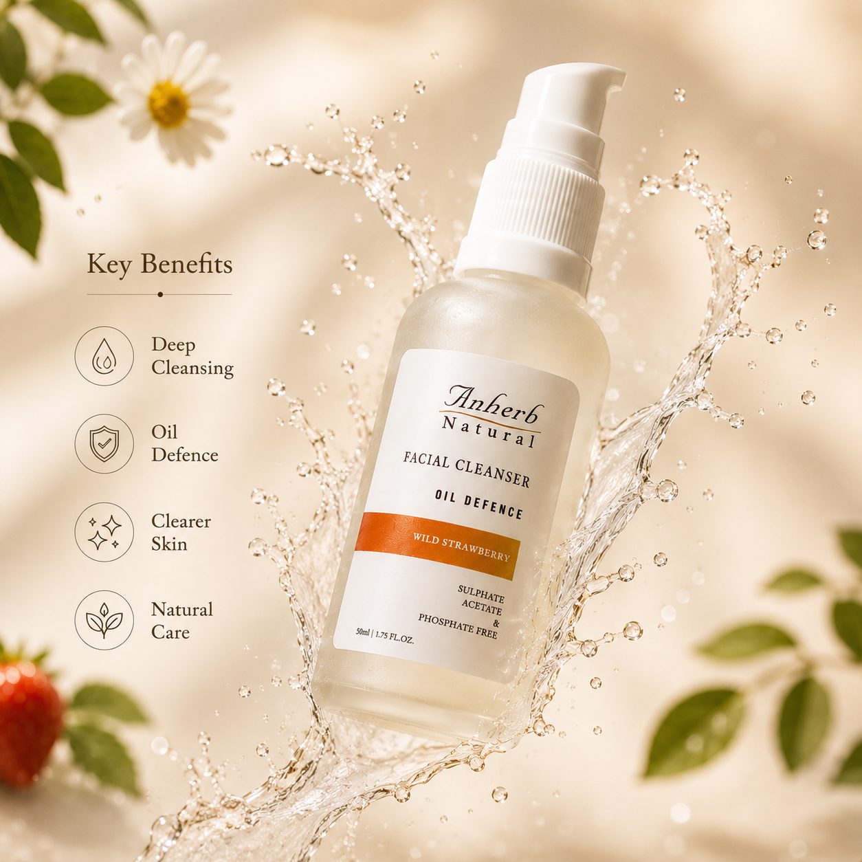 Anherb Natural Oil Defence, Gel based Facial Cleanser, Wild Strawberry's Antibacterial properties - 50ml view 2