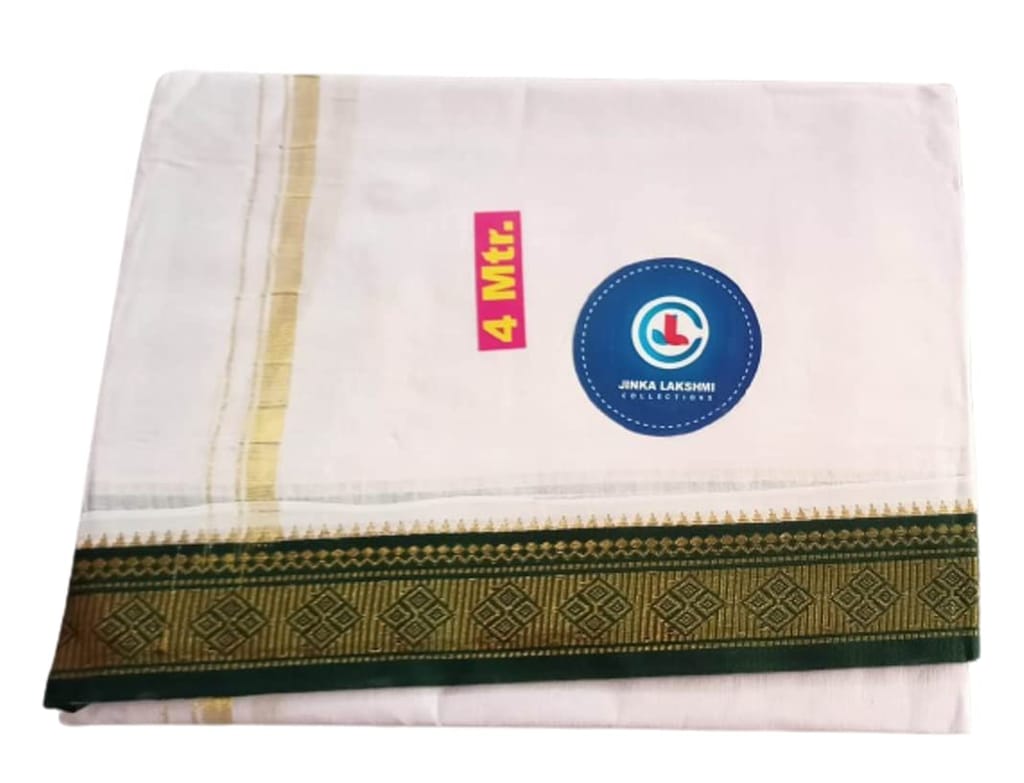 Jinka Lakshmi Collections Combo White Cotton Dhoti With Big Borders 4 Meters Unstitched Pack of 2 (Multicolor-1) view 2