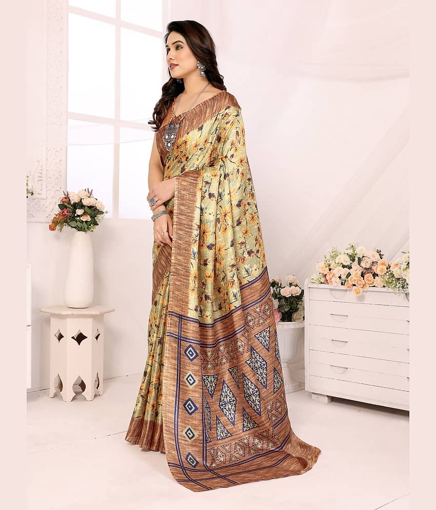 BLEESBURY Mysore Silk Printed Saree With Unstitched Blouse Piece ( Brown ) view 2