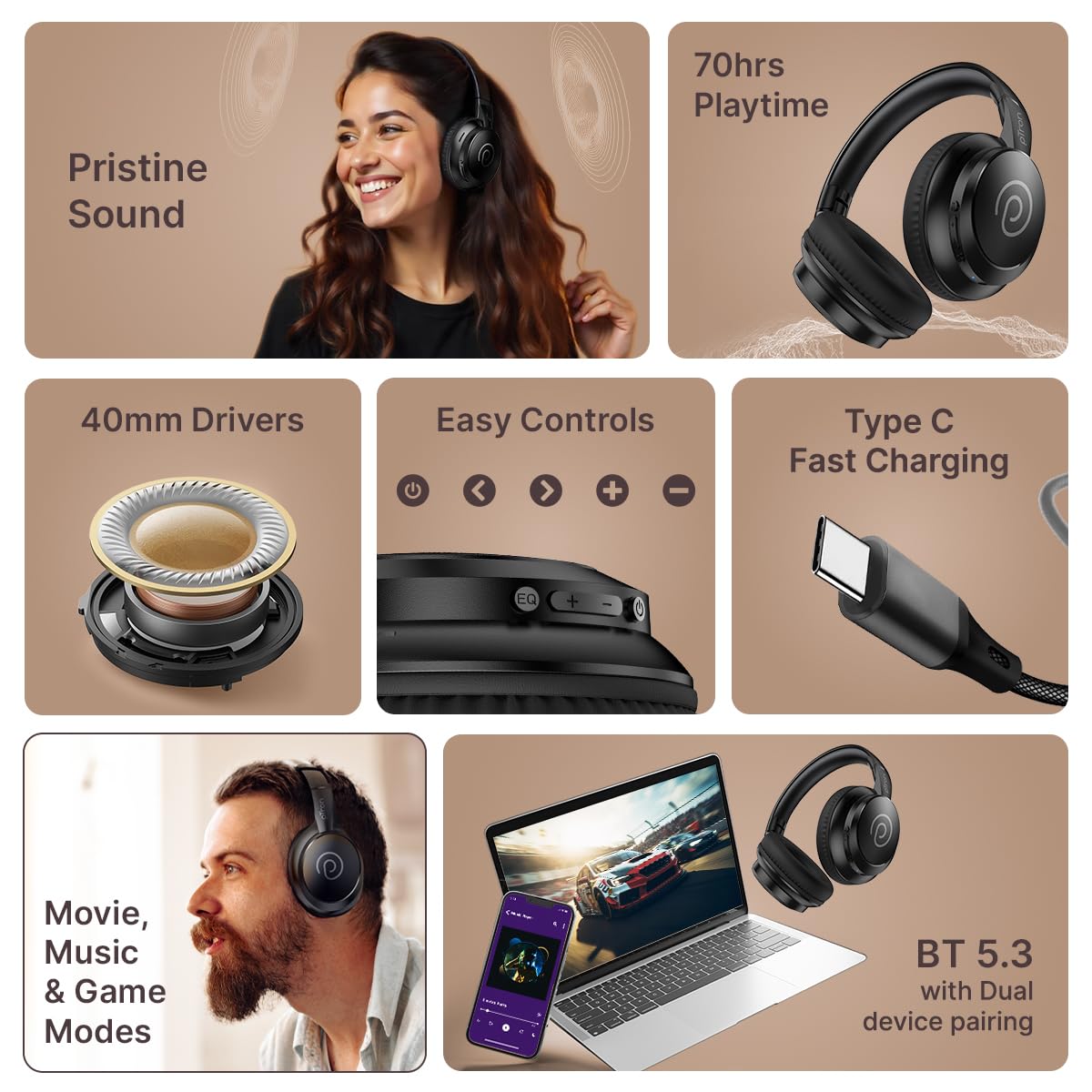 pTron Studio Evo 70hrs Playtime Wireless Over Ear Headphones with HD Mic, Low-Latency Game/Movie/Music Modes, Punchy Bass, BT5.3, Dual Device Pairing, Voice Assistant & Type-C Fast Charging (Black) view 2