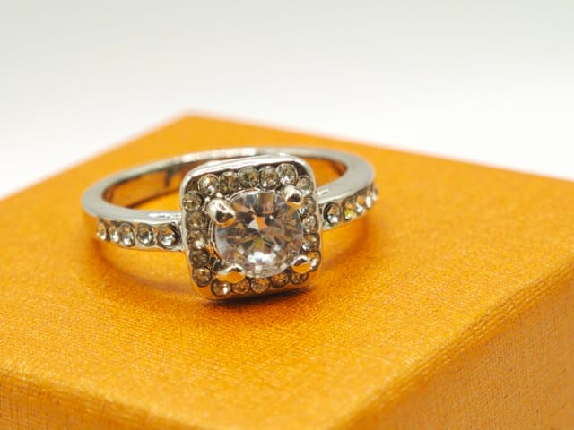 Silver-Toned American Diamond Solitaire Square Halo Ring for Women view 2