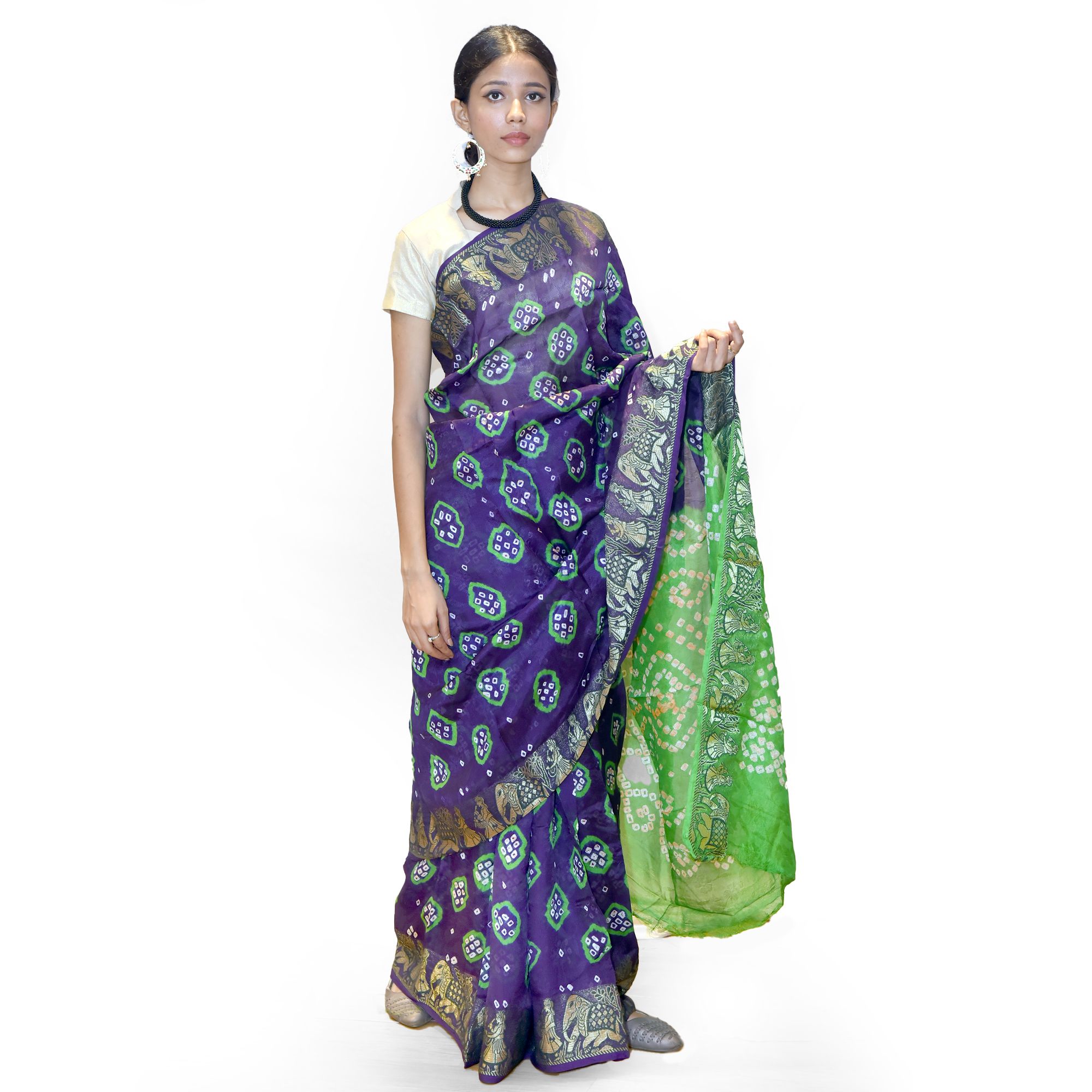 Tribes India Handwoven Blue and Green Bandej Flowring Saree view 2