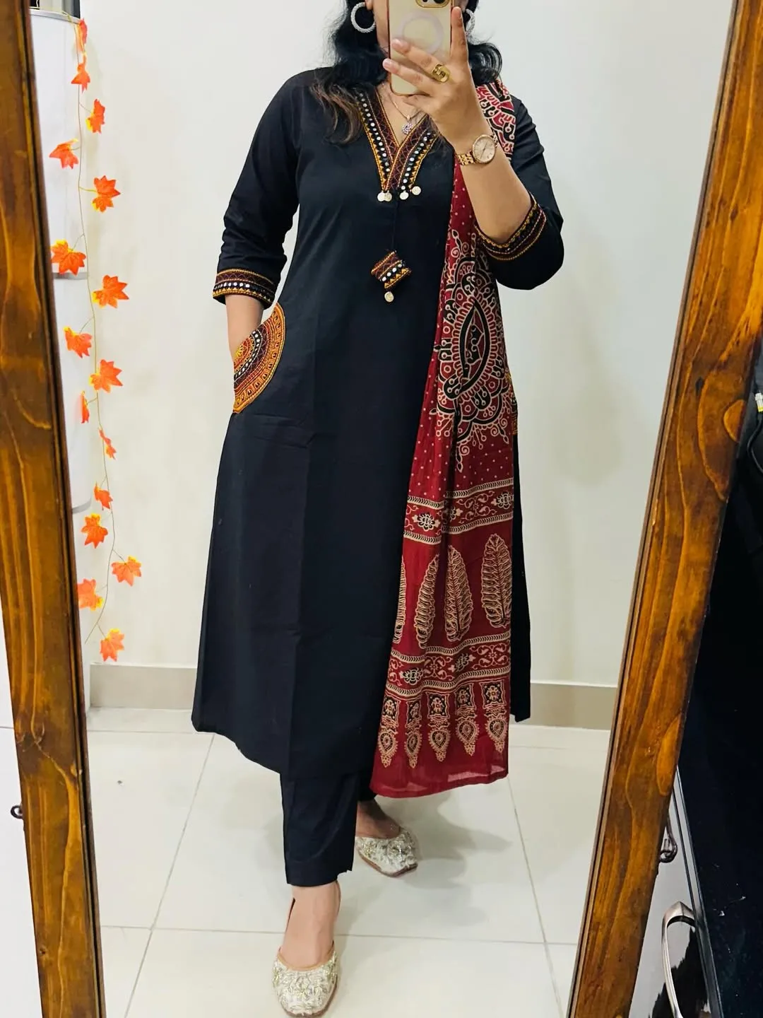Beautiful kurti pant dupatta set in Premium Cotton * with *Heavy Embroidery work in Neckline , pockets and sleeves with coins and attached tussels in yoke paired with Azrak Cotton dupatta view 2