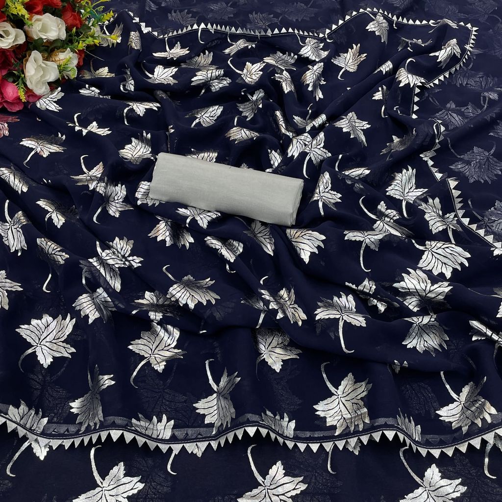 Latest Design Silver Foil Printed Georgette Saree view 2