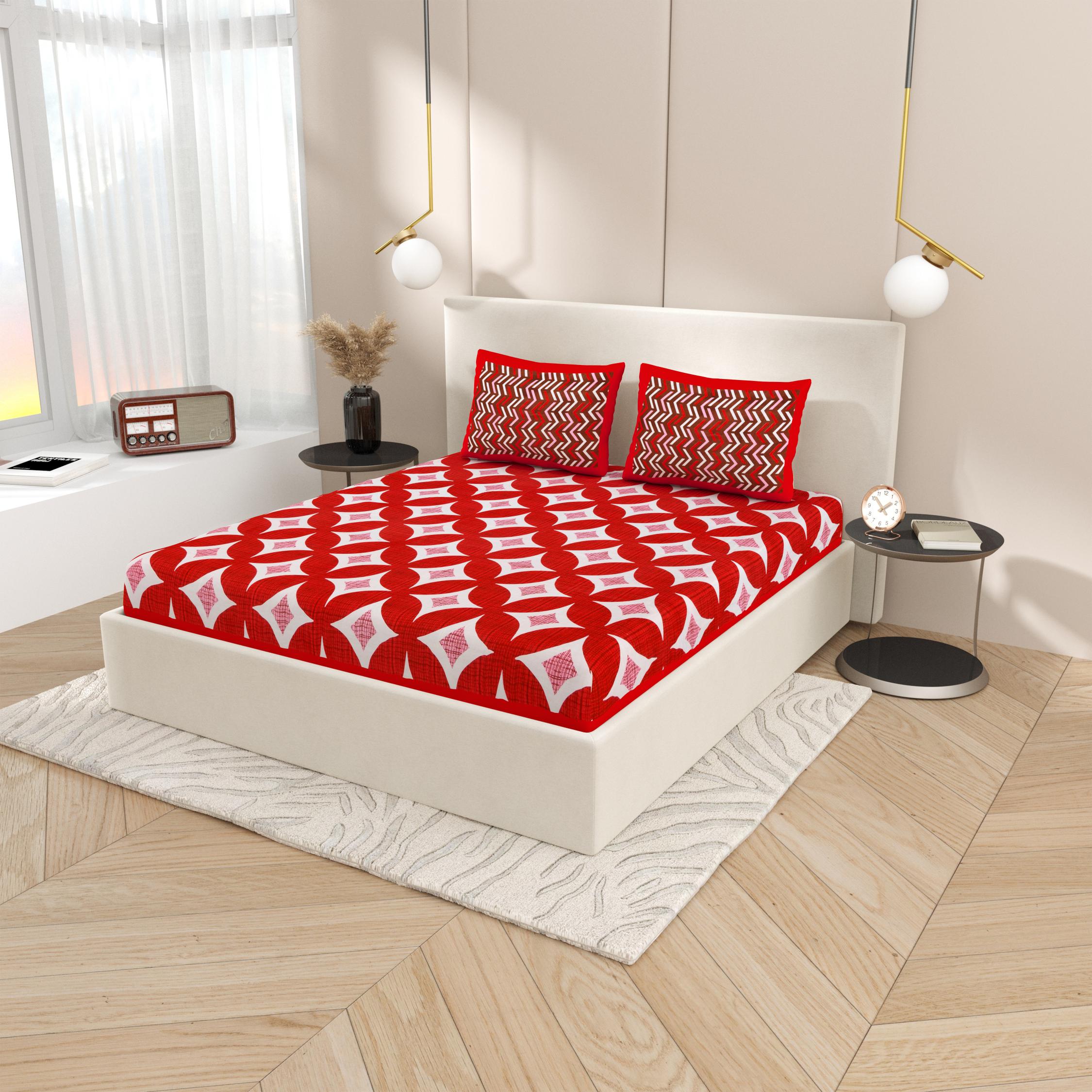 Lali Prints Red Block Printed Cotton 130 TC Queen Bedsheet with 2 Pillow Covers view 2