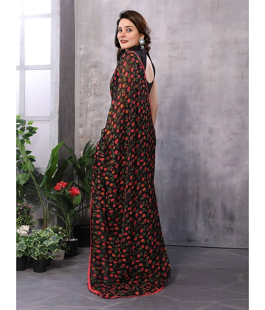 BLEESBURY Georgette Printed Saree With Unstitched Blouse Piece ( Black ) view 2