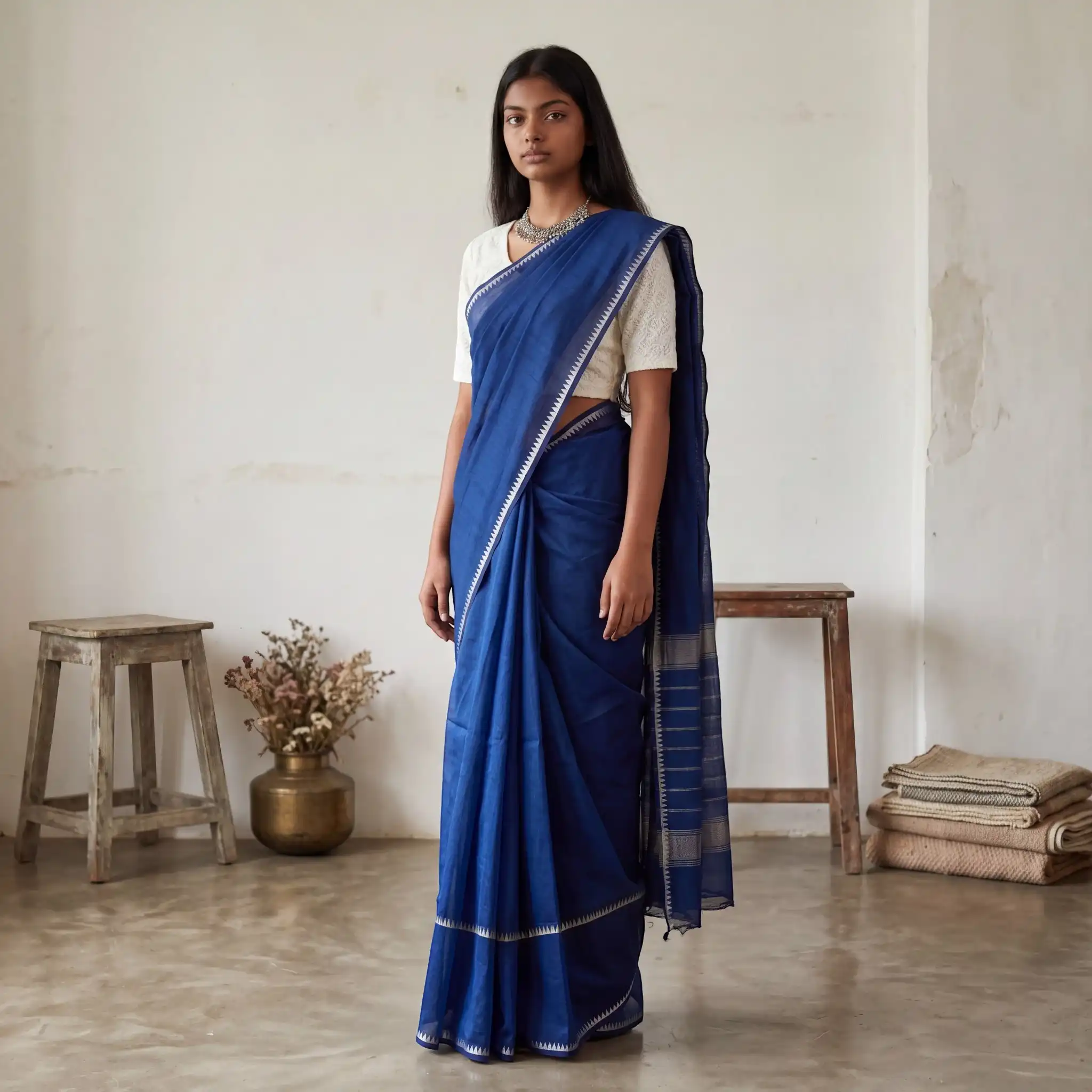 Handwoven Mangalgiri Silk-Cotton Saree in Navy with Temple Border view 2