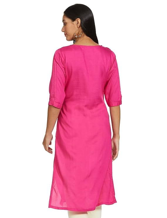 Pink Rayon Embroidered A-Line Kurta with Round Neck and 3/4th Sleeves view 2