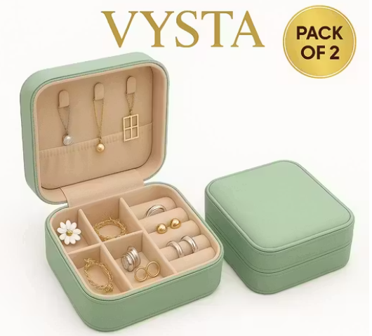 VYSTA Compact Travel Jewellery Organizer Box Pack of 2 | Multi-Compartment Storage for Rings, Earrings, Chains & Bracelets | Portable PU Leather Jewellery Case